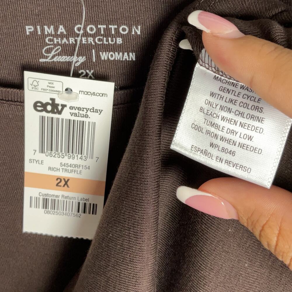 Pima Cotton Charter Club Womens Size 2X Brown Long Sleeve Shirt - Picture 4 of 7